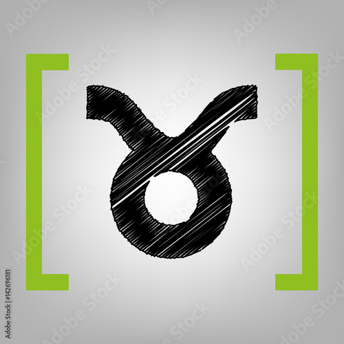 Taurus sign illustration. Vector. Black scribble icon in citron brackets on grayish background.