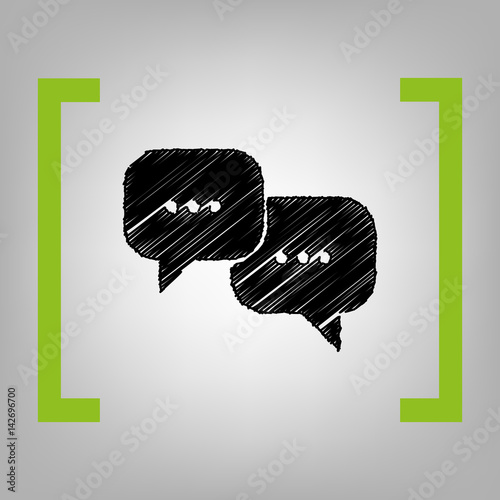 Speech bubbles sign. Vector. Black scribble icon in citron brackets on grayish background.