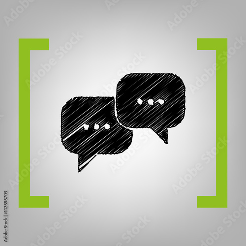 Speech bubbles sign. Vector. Black scribble icon in citron brackets on grayish background.