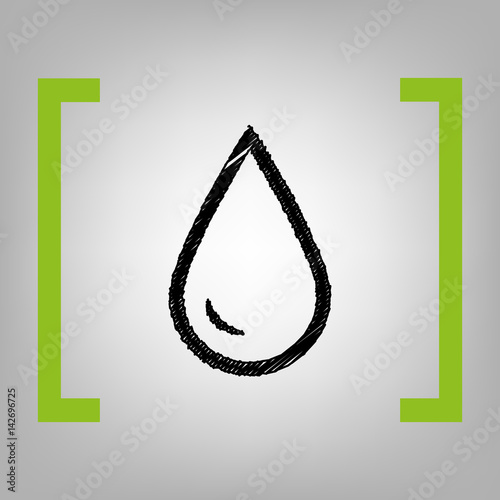 Drop of water sign. Vector. Black scribble icon in citron brackets on grayish background.