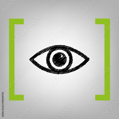Eye sign illustration. Vector. Black scribble icon in citron brackets on grayish background.