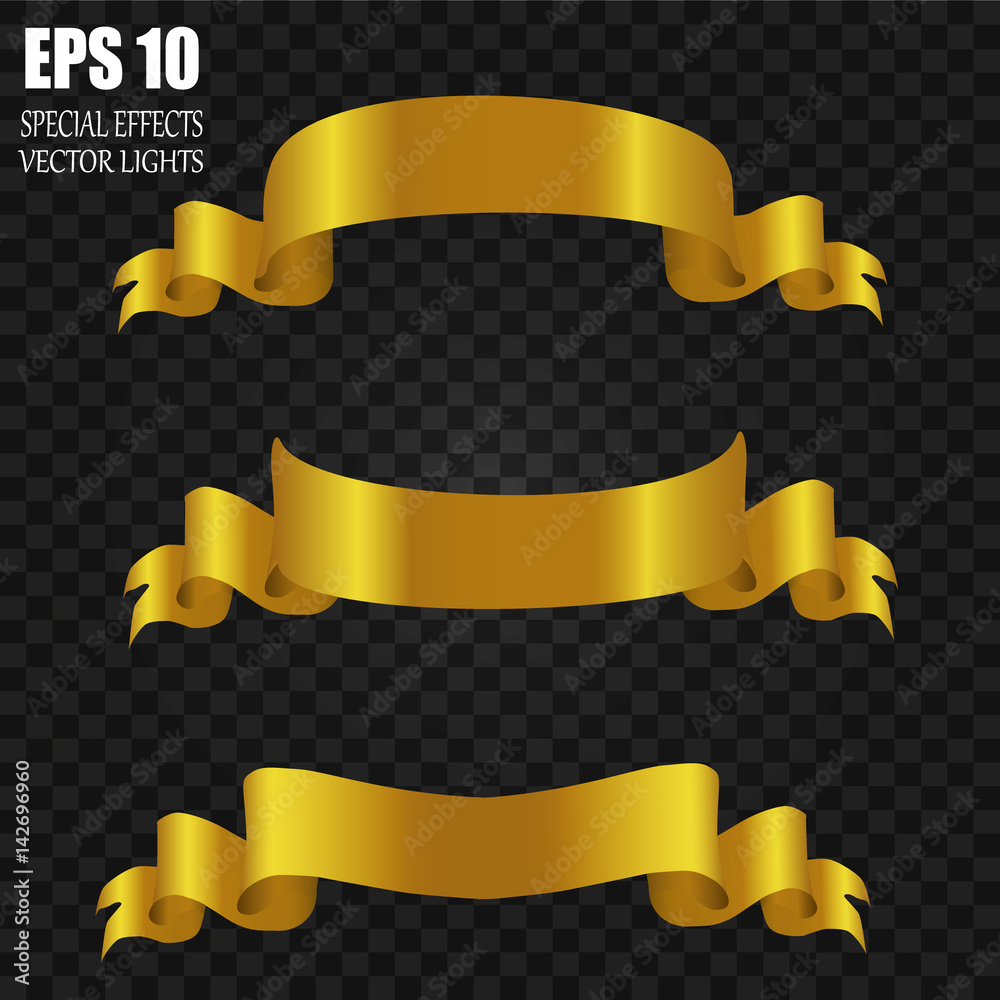 Set of gold ribbons. Ribbon on a black background. Vector illustration. Golden ribbons various forms. Set of gold ribbons. Ribbon on a black background. Vector illustration. Golden ribbons various forms.