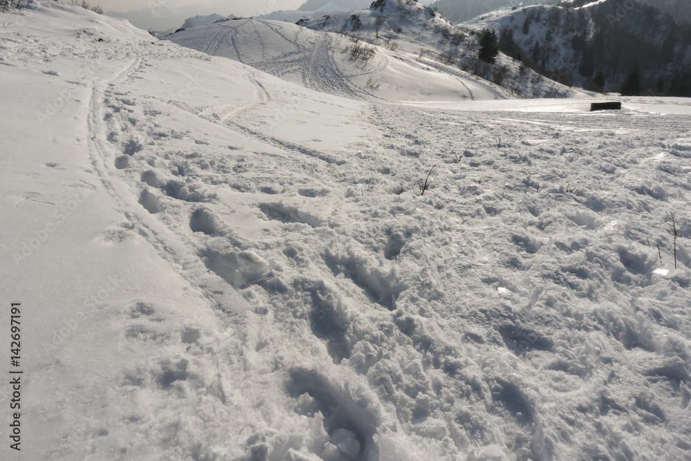 Snowy Winter Landscape on Italian Alps at Sunset