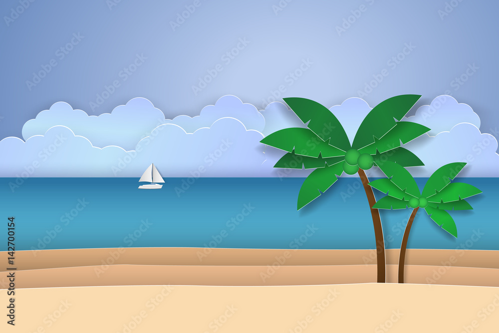 Ocean with horizon and coconut tree on beach , paper art style