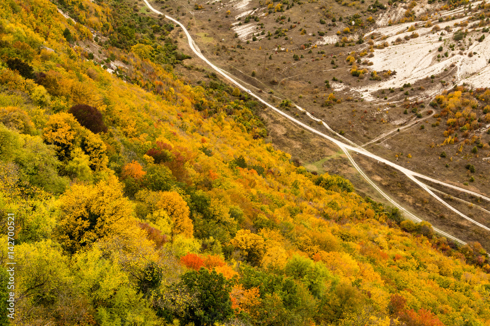 Autumn Crimean mountain landscape, all hues of green, yellow and golden plants and distant deserted road, view from above.