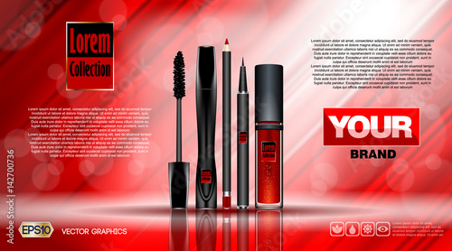 Cosmetic set ads template, mascara and brow s gel, eyeliner, lipstick collection cover mockup. Red background fragrance. Dazzling effect background. 3D Realistic Vector illustration
