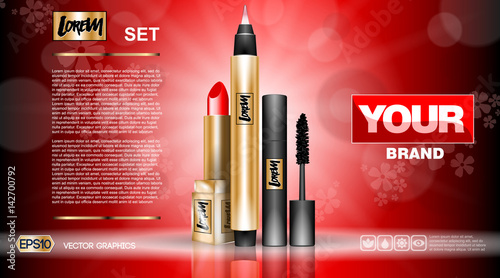 Cosmetic set ads template, mascara and eyeliner, lipstick collection cover mockup. Red background fragrance. Dazzling effect background. 3D Realistic Vector illustration
