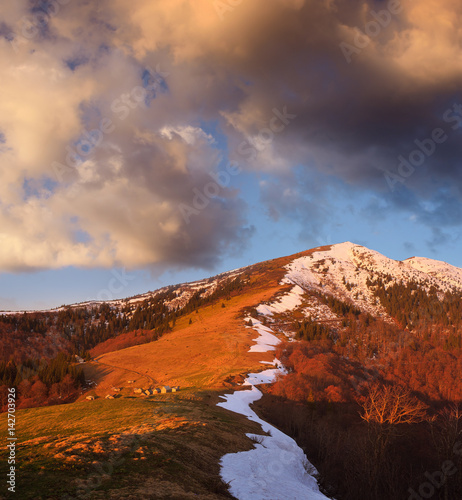 Spring landscape in the mountains with evening light