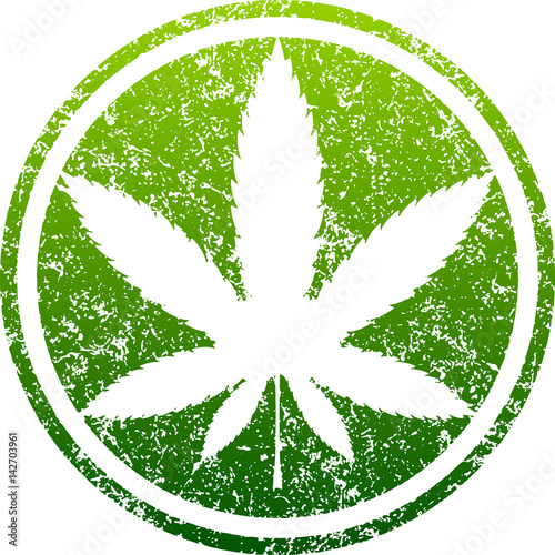 Cannabis or marijuana green leaf grunge design inscribed in a circle, template for vector rubber stamp.