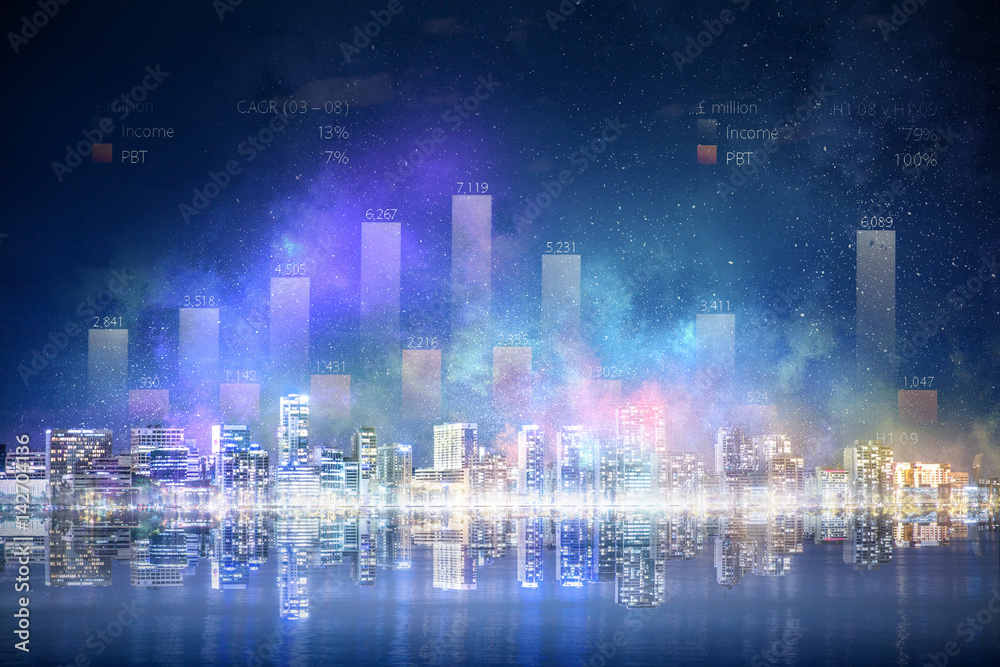 Modern business city background . Mixed media Modern business city background . Mixed media