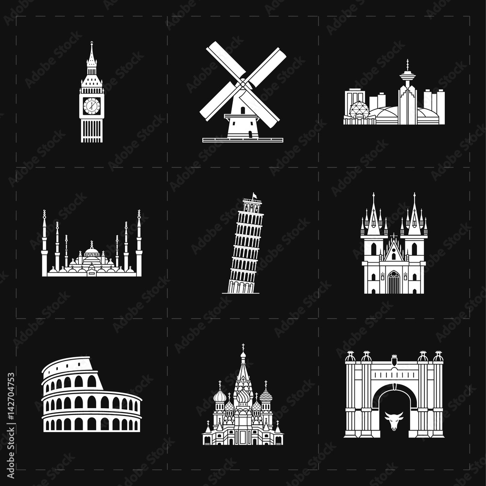 nine flat landmark icons 