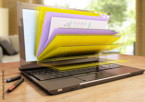 file in database - laptop with folders, 3d rendering photo