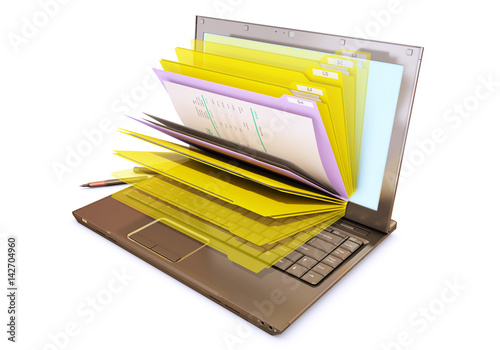 file in database - laptop with folders, 3d rendering