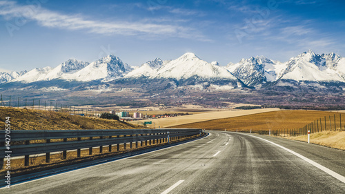 Empty highway and Tatra mountains, Slovakia