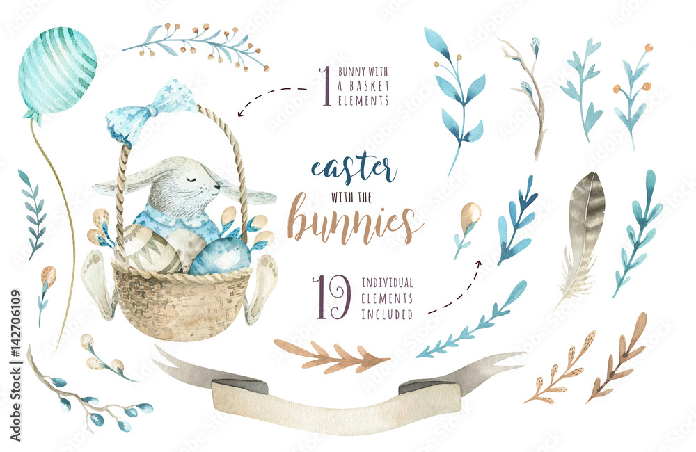 Fototapeta premium Hand drawn watercolor happy easter set with bunnies design.Rabbit bohemian style, watercolour isolated illustration on white. natural boho style. nest, quail, thrush, birth, tree.