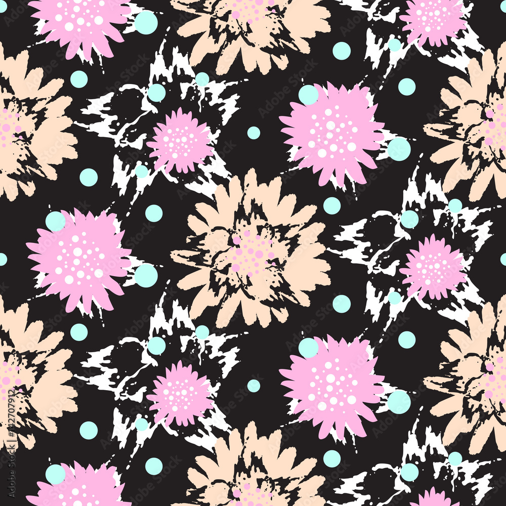 Bold brush strokes floral vector seamless pattern. Rough black background with pink blush flowers. Bold brush strokes floral vector seamless pattern. Rough black background with pink blush flowers.