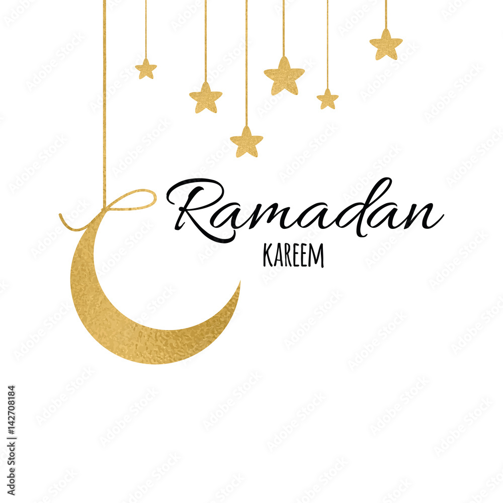 Fototapeta Brignt gold moon with gold stars for Holy Month of Muslim Community, Ramadan Kareem greeting banner