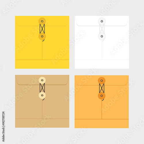 Tied Sealed Letter Envelopes Set Isolated on White Background. Collection of the vector envelope templates. Brown, yellow and white colors. Top view.