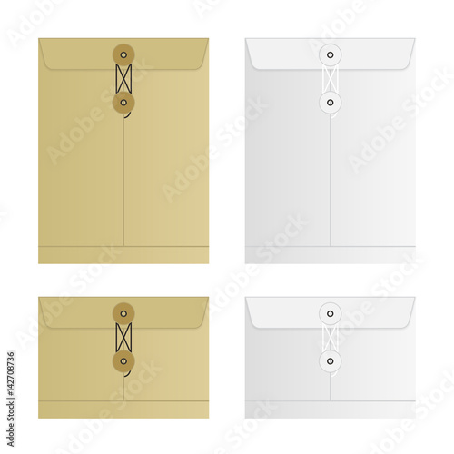 Tied Sealed Letter Envelopes Set Isolated on White Background. Collection of the vector envelope templates. Brown, yellow and white colors. Top view.