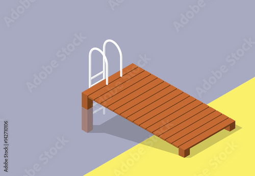 Vector wooden pier with small pool. Brown wharf with ladder steps into swimming pool. Isometric garden project at bathing pond. Oasis in garden of house with swimming area. Natural swimming pond.