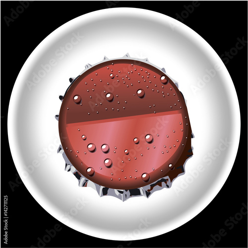 icon of cap glass bottles on white plate black isolation. Shot directly above, isolated on yellow red background. Metal coca col bottle cap isolated.