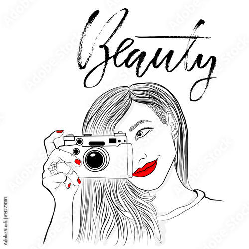 Monochrome vector illustration. Beautiful girl with red lips and nails. Smiling photographer with old camera. Beauty. Dry brush lettering. Handdrawn inscription.