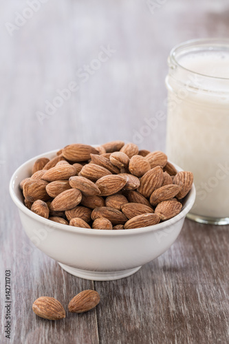 Bowl of Almonds and Glass of Milk
