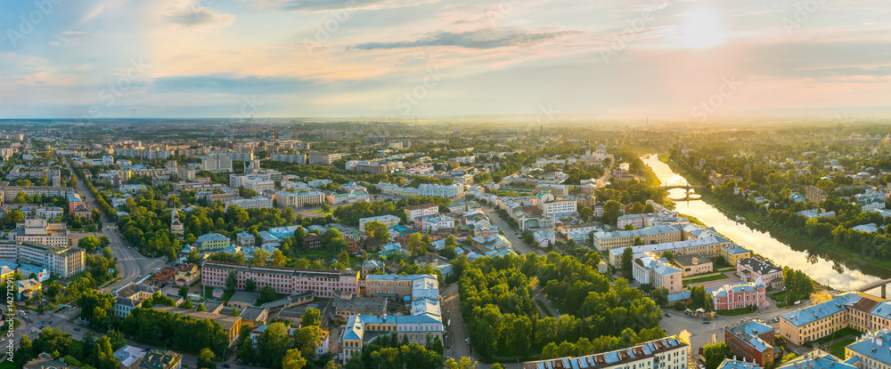Aerial view from drone of small town in Russia during summer.