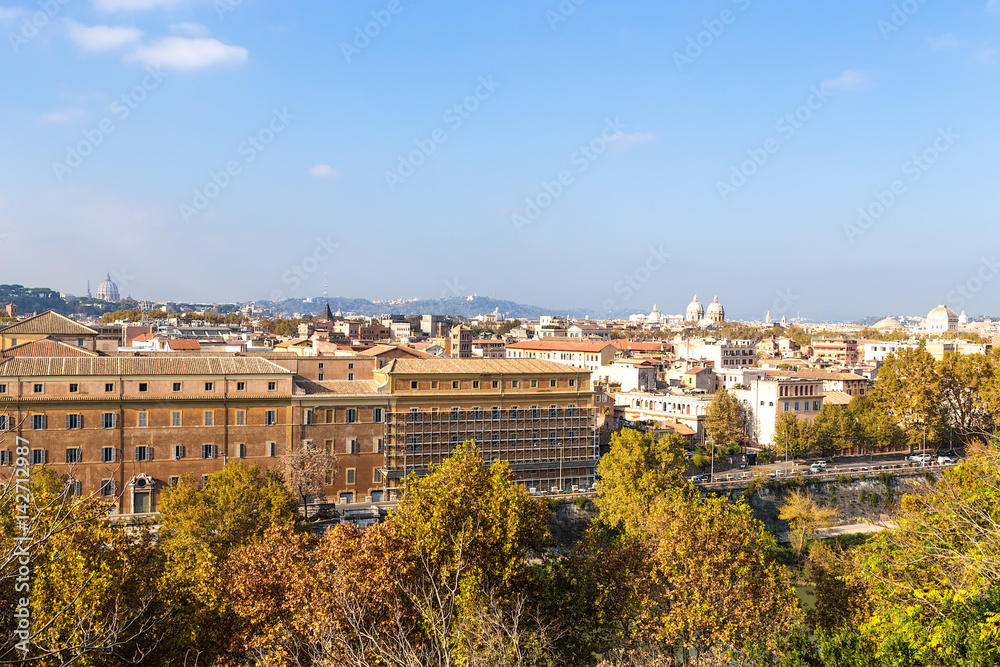 Rome, Italy. Autumn view of the Tiber River and the right-bank of the city from the Aventine Hill.