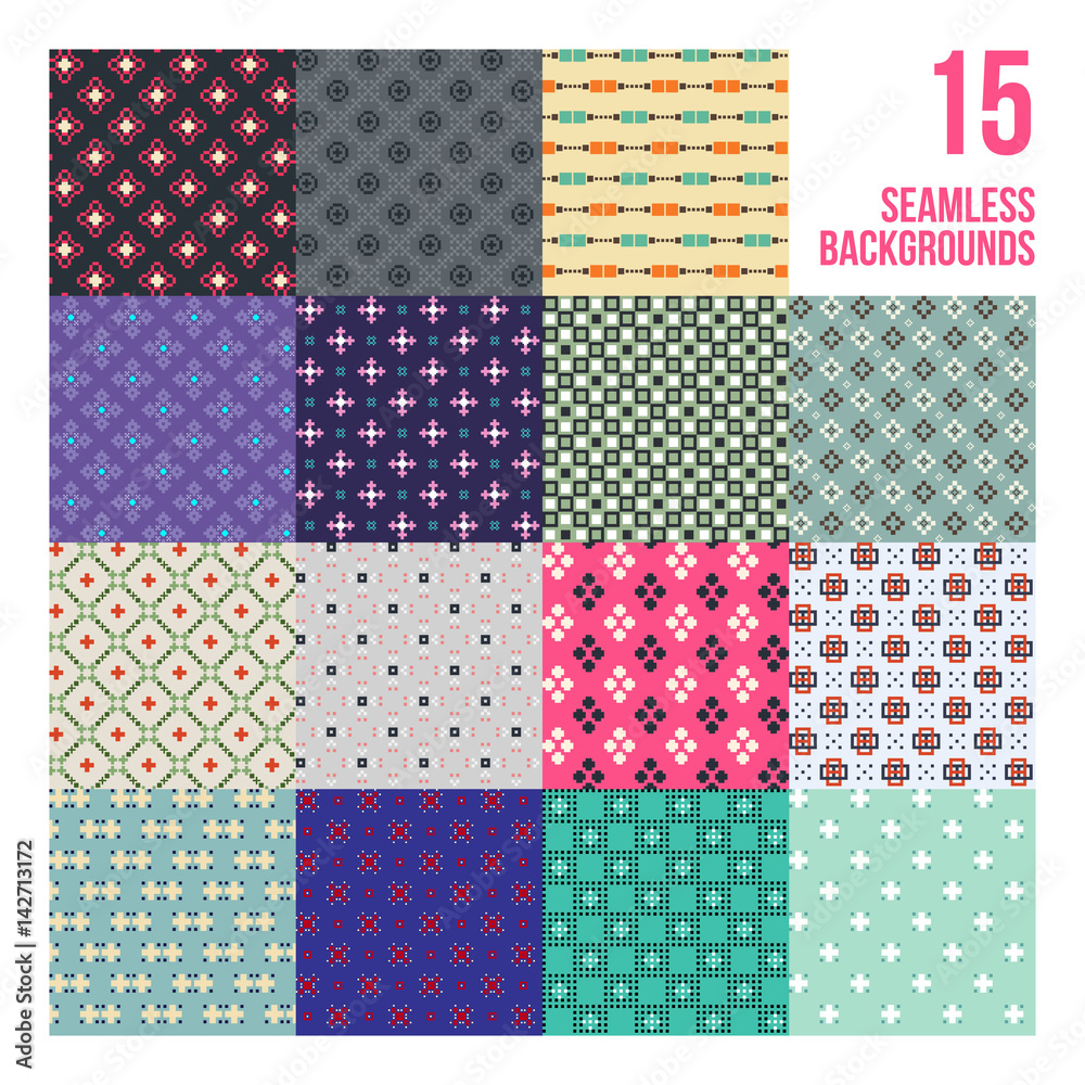 Big set of 16 colorful pixelated patterns. Childish style. Useful for wrapping and textile design. Big set of 16 colorful pixelated patterns. Childish style. Useful for wrapping and textile design.