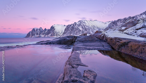 Winter view to Steinfjord on Senja island (Oksan on background). Troms county (long exposure) - Norway photo