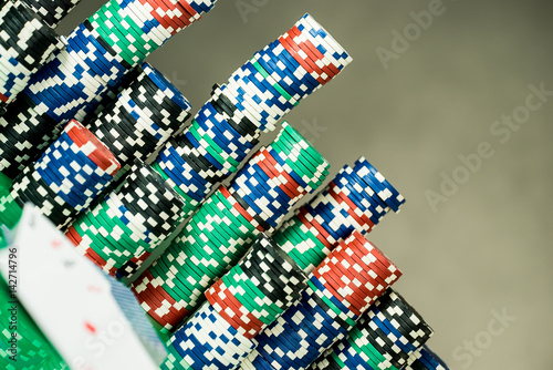 Poker Chips on a gaming table roulette Casino theme background