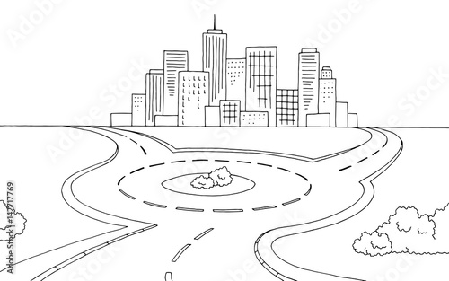 Roundabout road graphic black white landscape sketch illustration vector