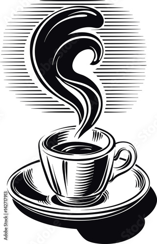 Cup of steaming coffee.