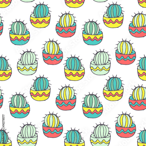 Vector seamless pattern with cactuses, hand drawn sketch with cactuses in flowerpots. Mexican style design with desert succulent