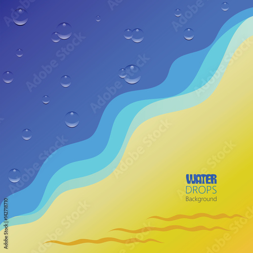 Sea waves, drops of water and yellow sand. Abstract background. Poster design, poster with a symbolic image of sea and sand.