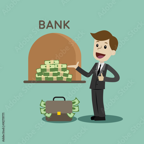 Credit. A bank gives out a loan in dollars. Businessman gets a bank loan. Profit. Vector, illustration