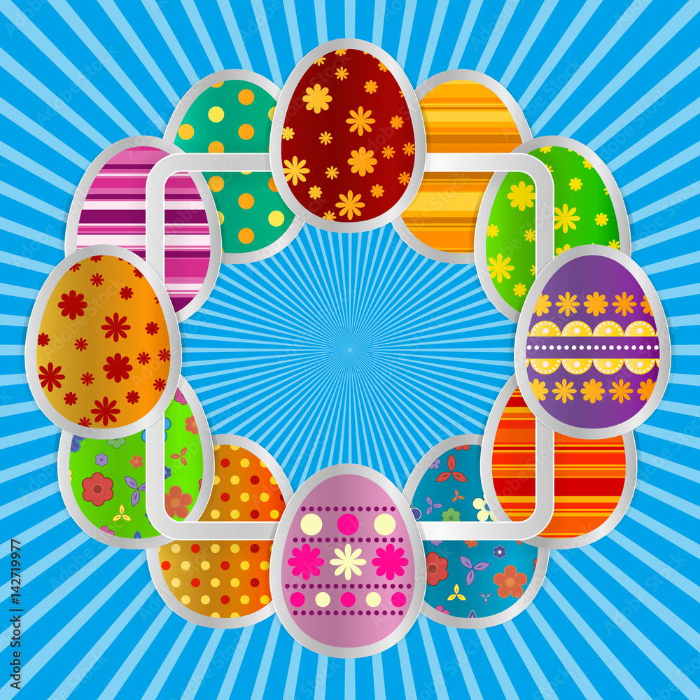 Spring greeting background with Easter eggs. Festive paper images of eggs on a square light frame. Light blue rays on a blue background. Greetings card with the Happy Easter!