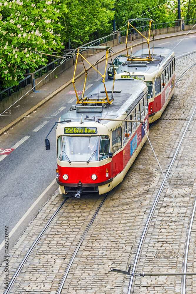Red tram in Prague, the Czech Republic Red tram in Prague, the Czech Republic