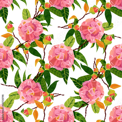 Seamless pattern with vintage style camellia flowers