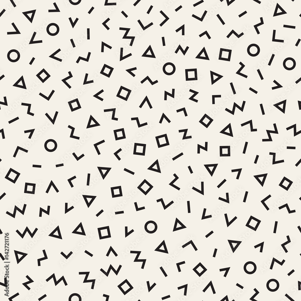 Scattered Geometric Line Shapes. Abstract Background Design. Vector Seamless Black and White Pattern. Scattered Geometric Line Shapes. Abstract Background Design. Vector Seamless Black and White Pattern.