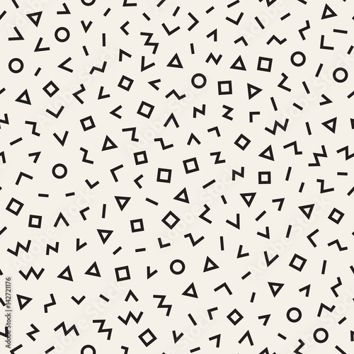 Scattered Geometric Line Shapes. Abstract Background Design. Vector Seamless Black and White Pattern.