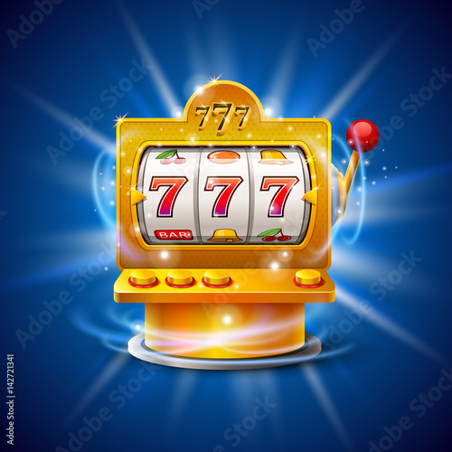 Golden slot machine wins the jackpot. Isolated on blue background. Vector illustration