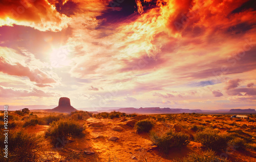 amazing landscape at the sunset at the monument valley national park in arizona USA with cloudy and drama sky