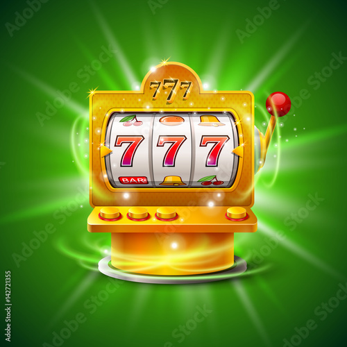 Golden slot machine wins the jackpot. Isolated on green background. Vector illustration