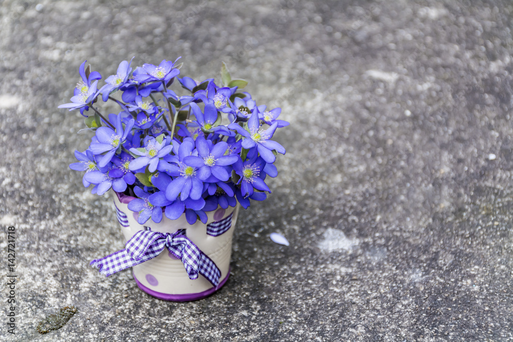 Beautiful bouquet of blue flowers in a small vase with dots and ribbon .Spring flowers