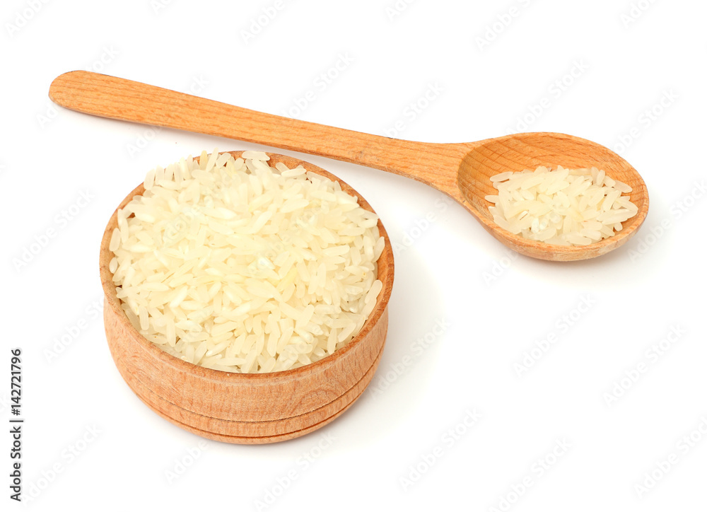 rice on wood plate isolated on white background rice on wood plate isolated on white background