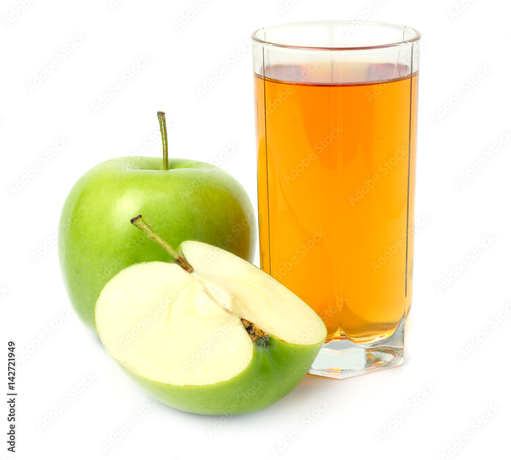 Green apple with juice isolated on white background