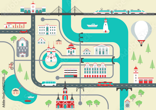 Vector scheme of a nonexistent flat town with various buildings, bridges, churches and transport. City map constructor.