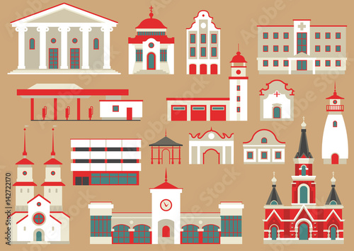 Vector set of flat city buildings to create and generate tourist map. Red and white different public and residential houses on beige background.